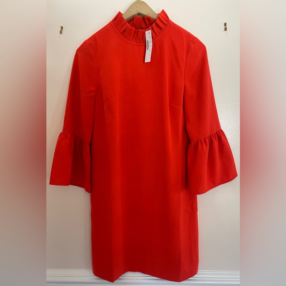 New J Crew Women’s Crepe Ruffle Neck Shift Bell Sleeve  Orangish Red, Size 00 - Picture 3 of 9